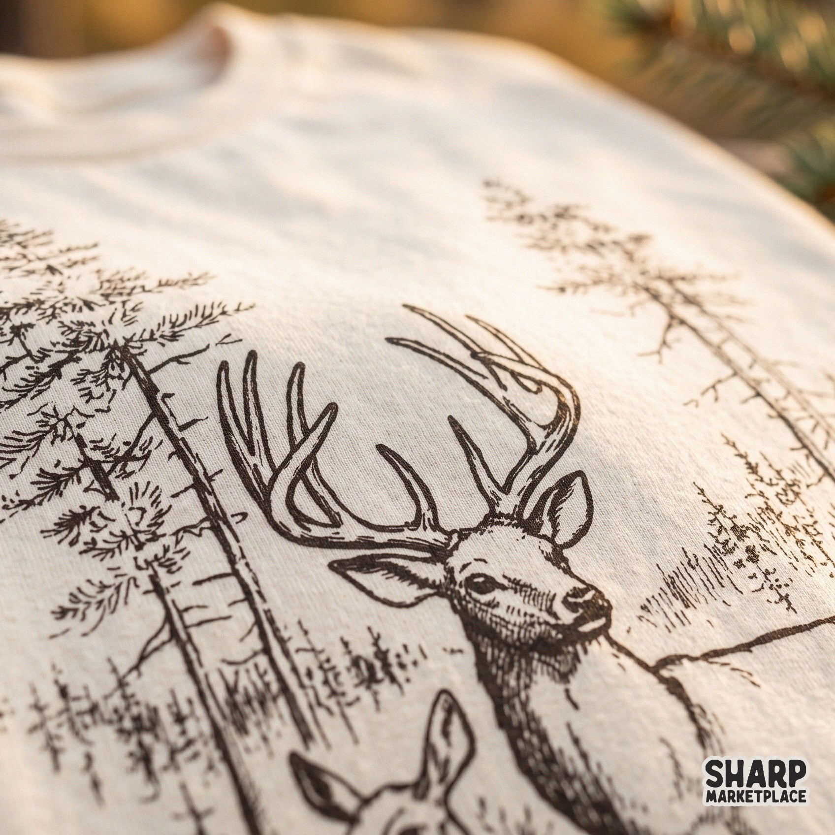 Vintage buck and doe deer nature sketch graphic for retro hunting sublimation designs and outdoor wildlife apparel