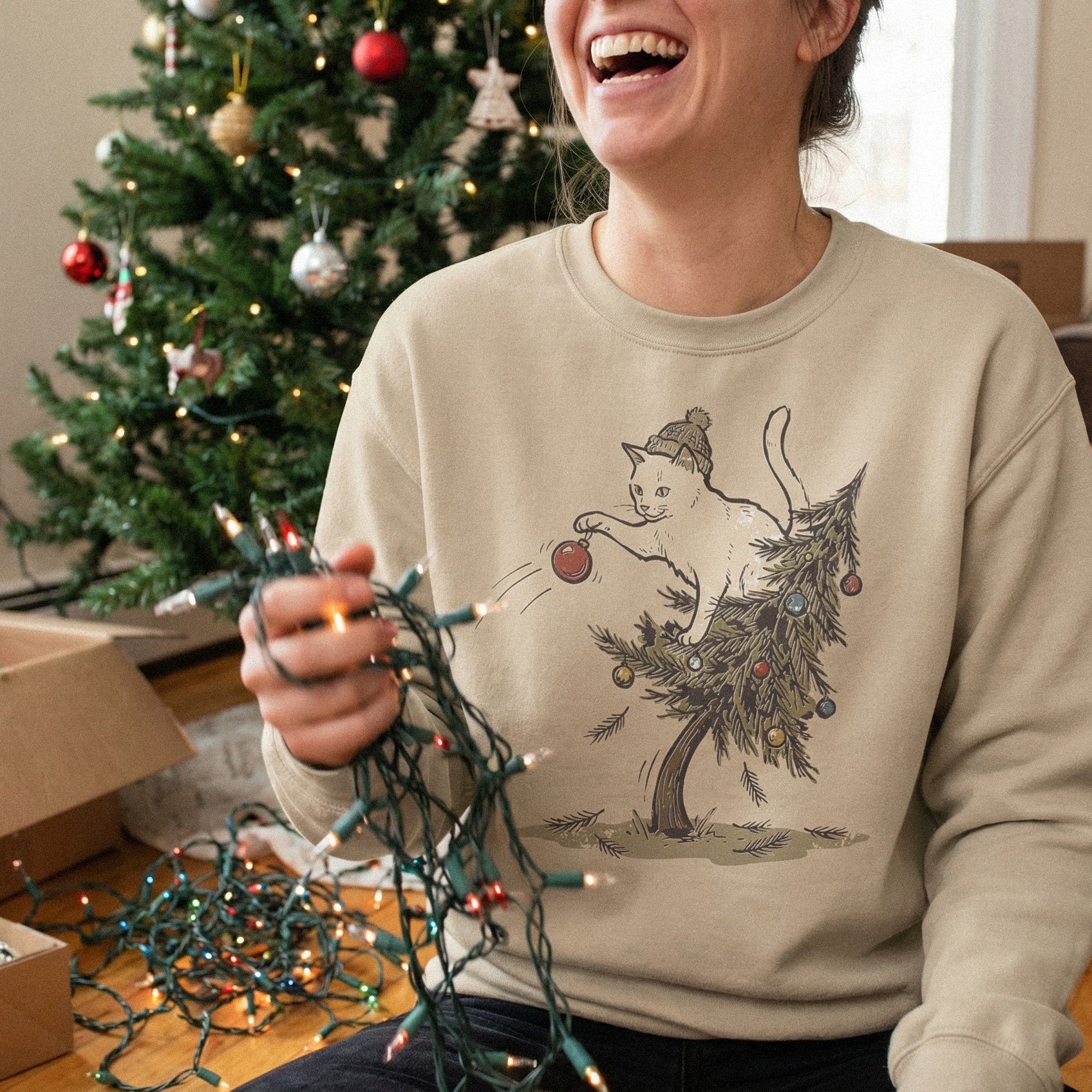 Christmas Cat PNG, Funny Cat in Tree - 300 DPI Design for T-Shirt