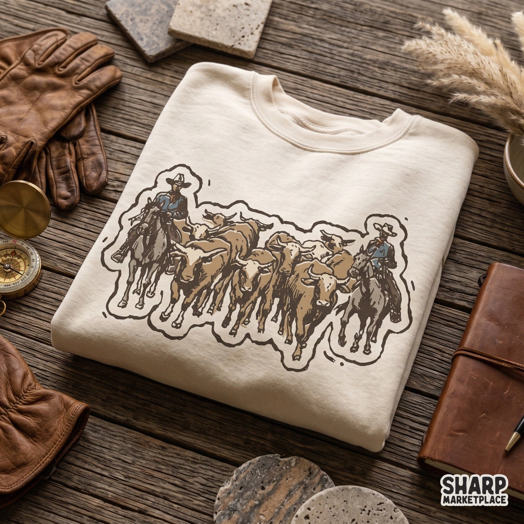 Vintage western cattle drive graphic print for a cowboy shirt and rodeo tee sublimation design