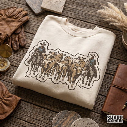 Vintage western cattle drive graphic print for a cowboy shirt and rodeo tee sublimation design