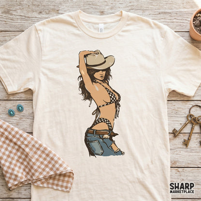 Western pinup art graphic of a woman in a checkered bikini and jeans with a cowboy hat, ideal for custom t-shirt designs and summer stickers.
