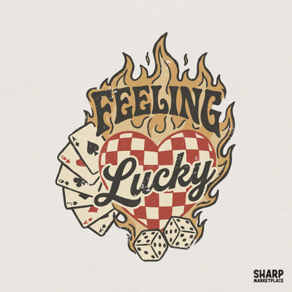 Retro Feeling Lucky design featuring a red checkerboard heart, flames, playing cards, and dice for sublimation and custom apparel.