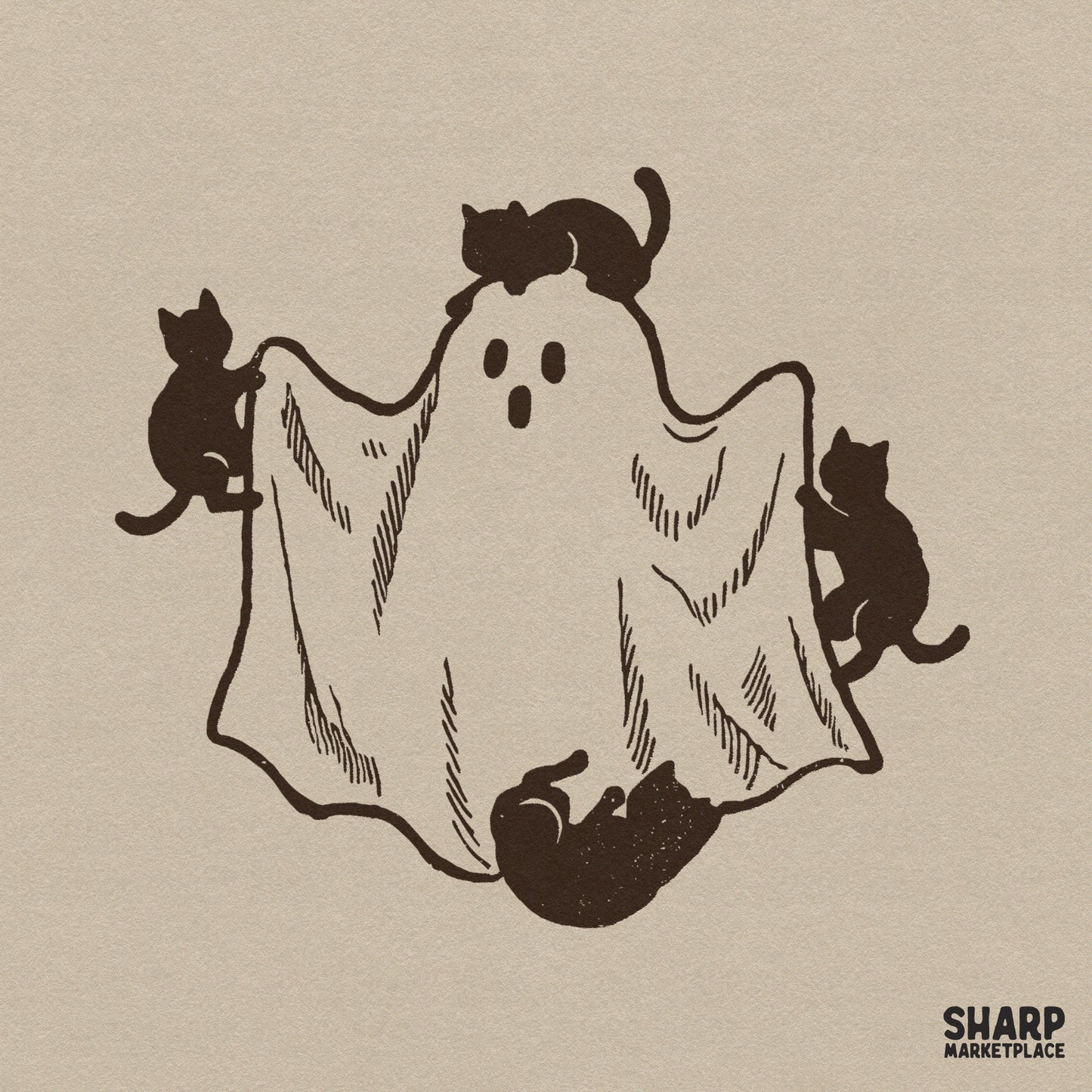 Three cute black cats playing with a white sheet ghost, retro spooky season Halloween digital art for fall apparel designs