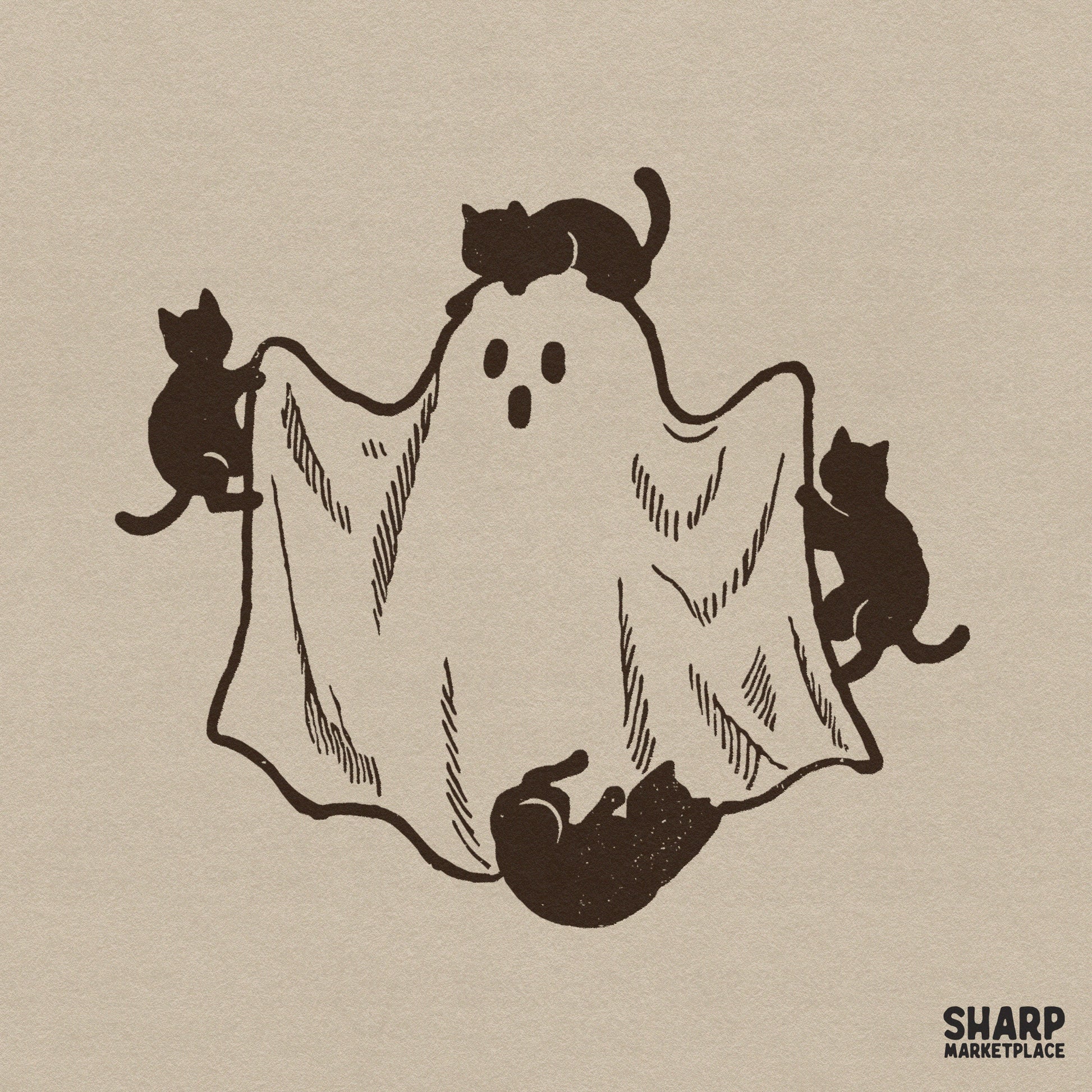 Three cute black cats playing with a white sheet ghost, retro spooky season Halloween digital art for fall apparel designs