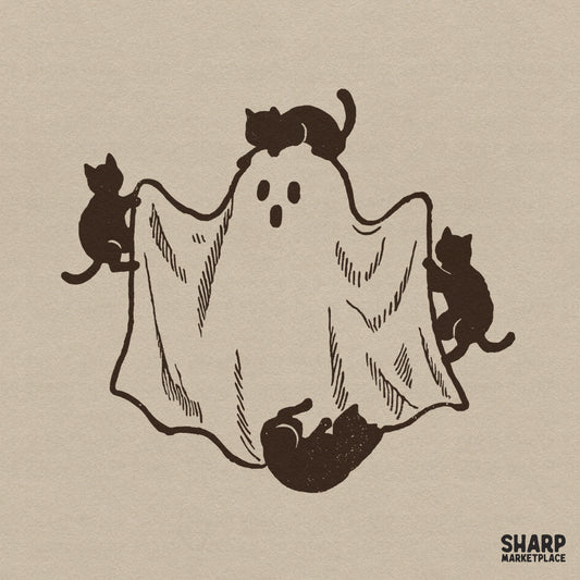 Three cute black cats playing with a white sheet ghost, retro spooky season Halloween digital art for fall apparel designs