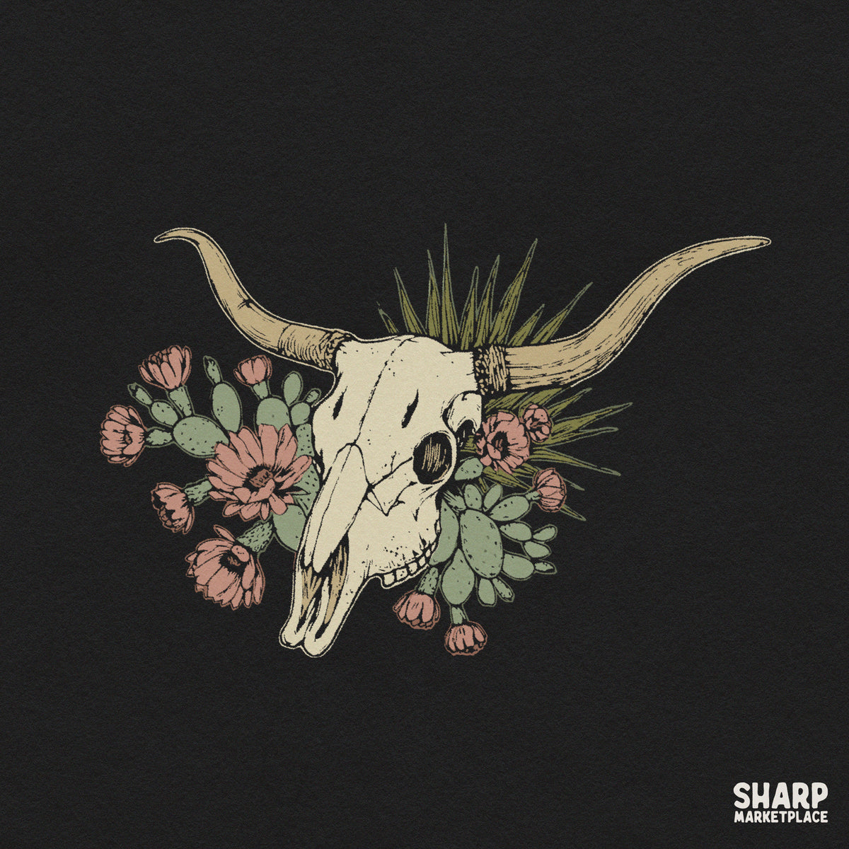 Boho floral cow skull with cactus illustration for vintage western cowgirl shirt PNG design