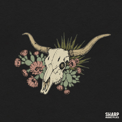 Boho floral cow skull with cactus illustration for vintage western cowgirl shirt PNG design