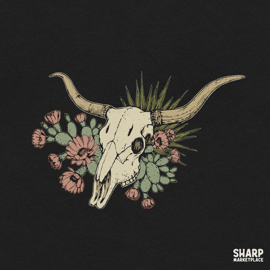 Boho floral cow skull with cactus illustration for vintage western cowgirl shirt PNG design