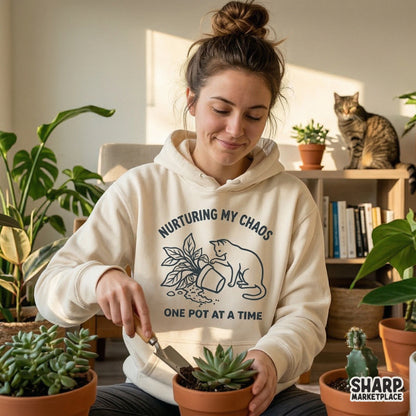 Printable black and white line art design of a cat causing chaos with a houseplant, ideal for creating stickers, tumblers, and custom plant mom shirts.