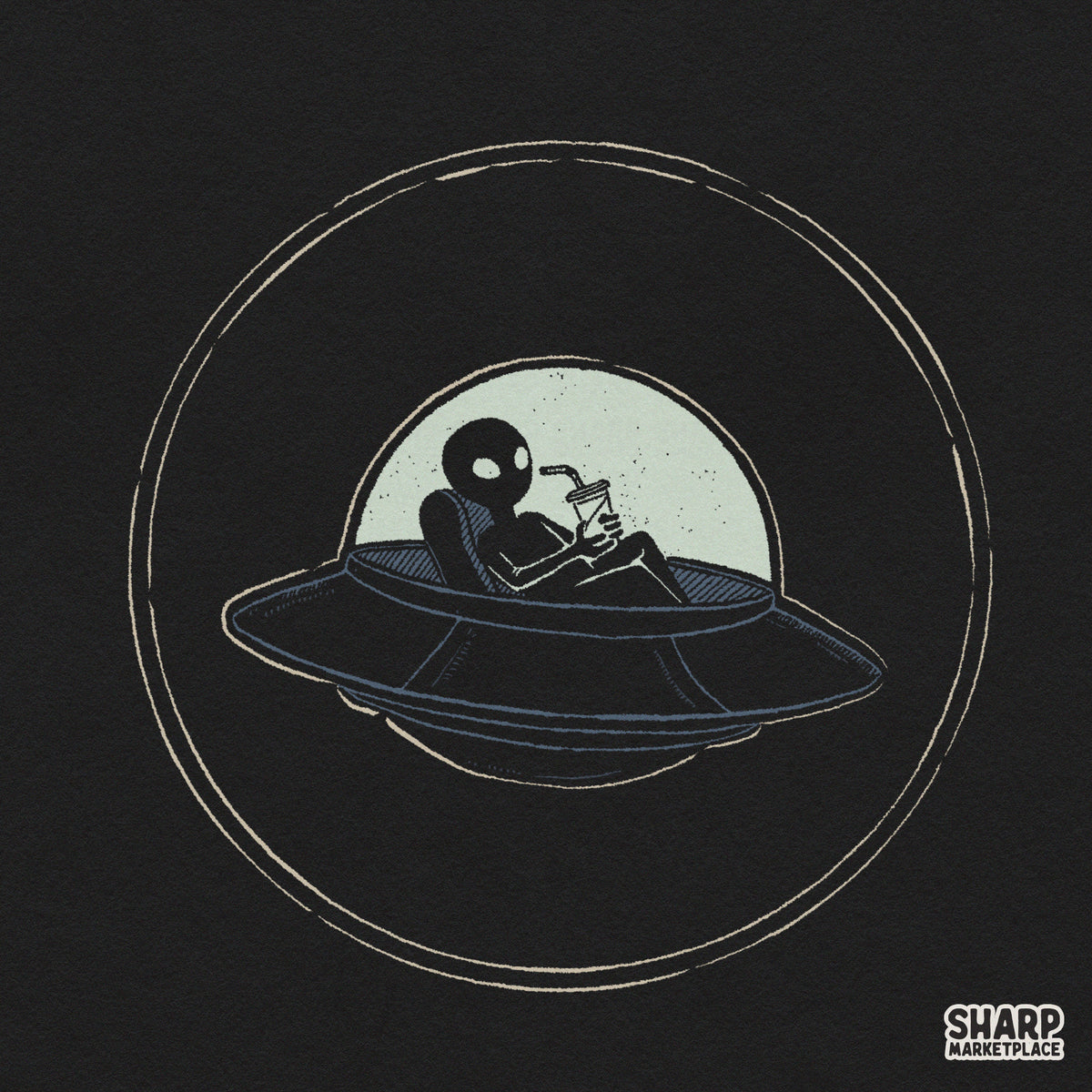 Funny alien in a UFO drinking iced coffee retro sci-fi space art PNG design for t-shirts and tumbler sublimation