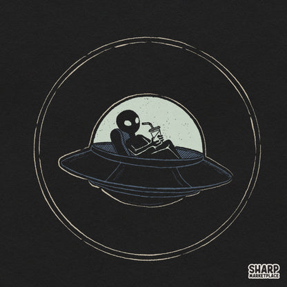 Funny alien in a UFO drinking iced coffee retro sci-fi space art PNG design for t-shirts and tumbler sublimation