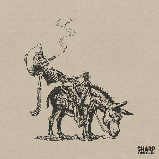 Hand-drawn monochrome illustration of a skeleton cowboy wearing a wide-brimmed hat and smoking a cigar while riding a donkey.