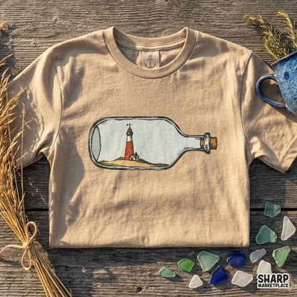 Vintage lighthouse in a glass bottle on a sandy dune, coastal beach PNG sublimation design for tumblers and shirts