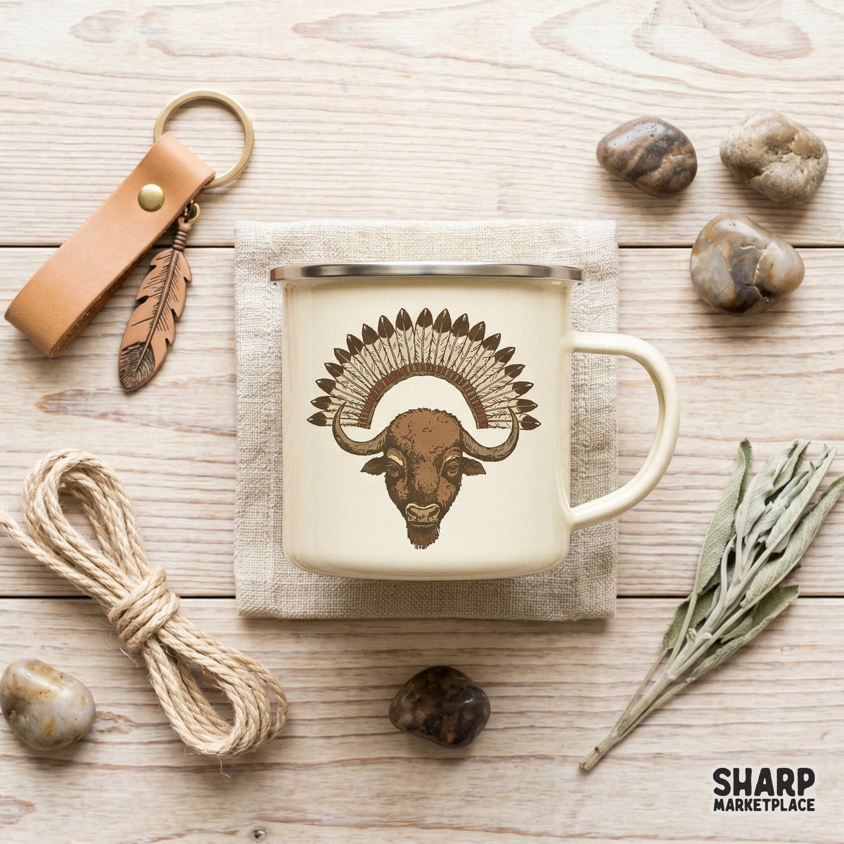 Rustic prairie-inspired buffalo head graphic featuring a detailed feather headdress, suitable for sublimation transfers and custom clothing.