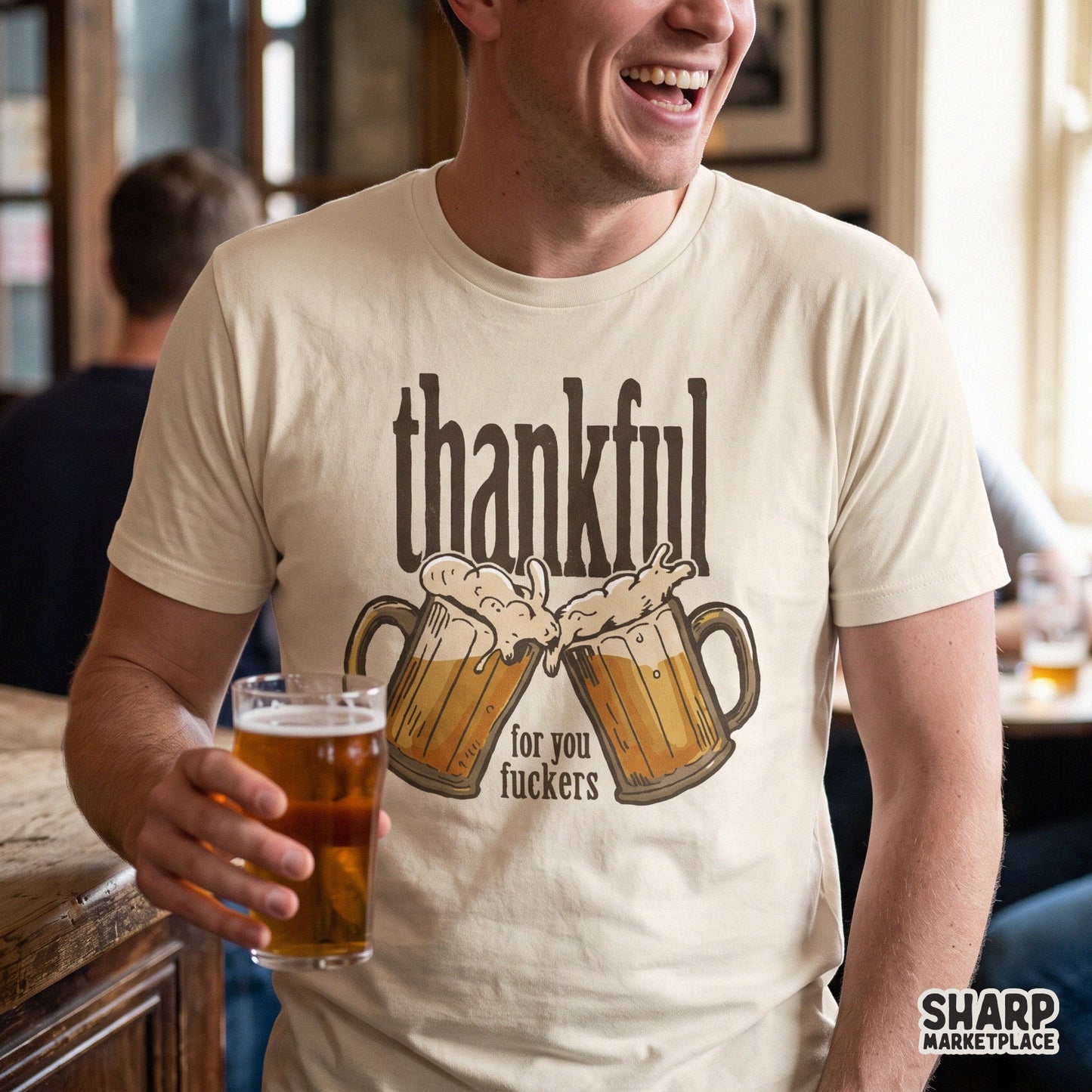 Retro sarcastic beer mugs with funny Thanksgiving typography for fall apparel and digital sublimation designs