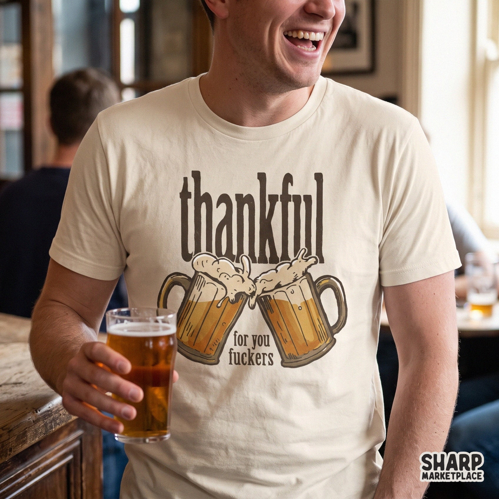 Retro sarcastic beer mugs with funny Thanksgiving typography for fall apparel and digital sublimation designs