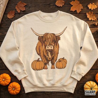 Cute highland cow standing with fall pumpkins, autumn digital PNG design for Thanksgiving t-shirts and craft projects