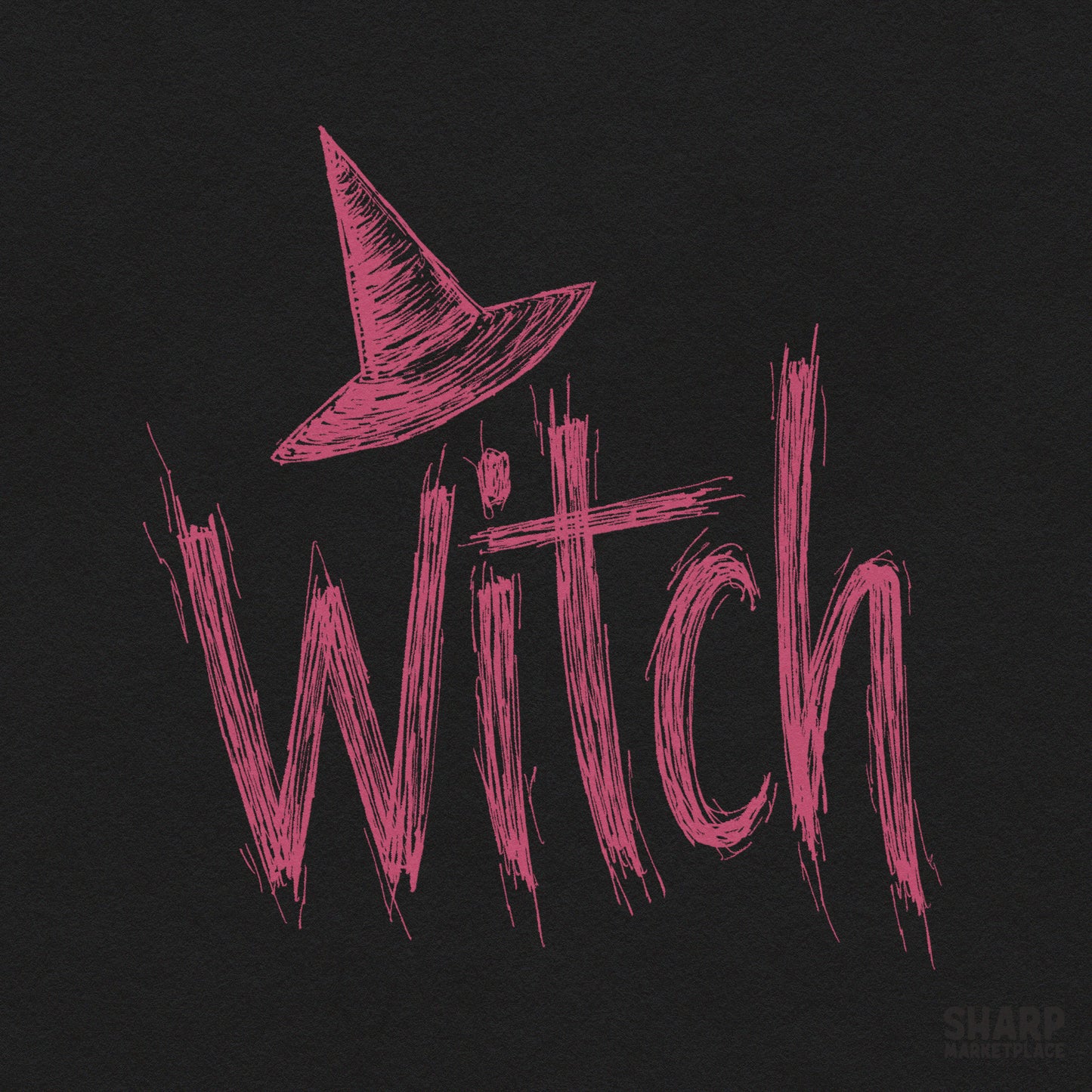 Retro pink witch hat with sketchy grunge lettering for spooky season sublimation and t-shirt designs