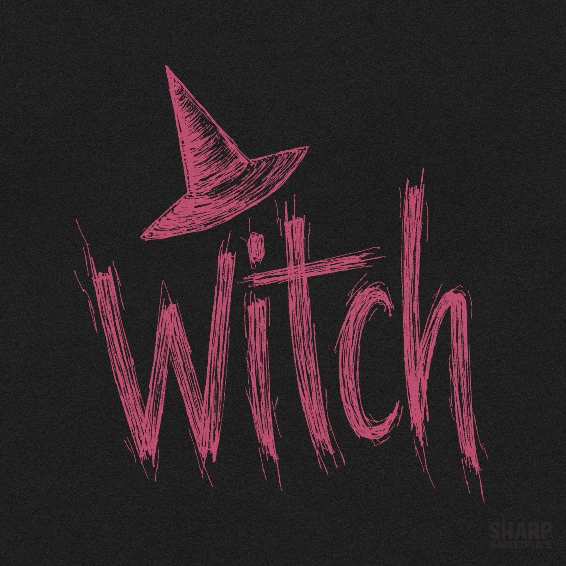 Retro pink witch hat with sketchy grunge lettering for spooky season sublimation and t-shirt designs