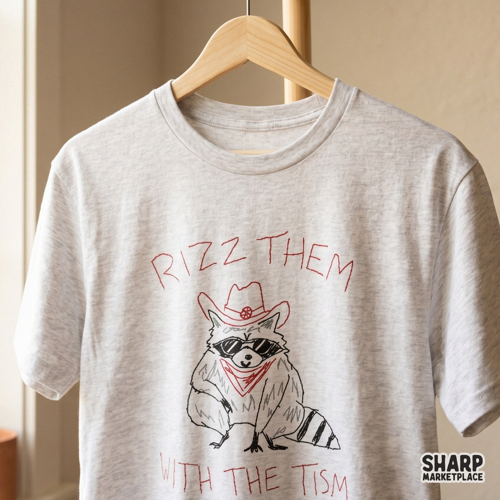 Playful neurodivergent humor graphic showing a raccoon cowboy with sunglasses and the text Rizz Them With The Tism, perfect for DIY craft projects.
