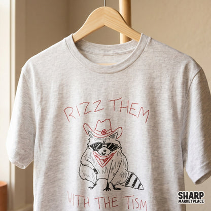 Playful neurodivergent humor graphic showing a raccoon cowboy with sunglasses and the text Rizz Them With The Tism, perfect for DIY craft projects.