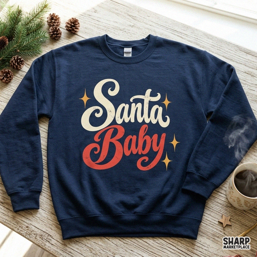 Retro Santa Baby Christmas typography PNG design with coquette aesthetic and sparkle stars for holiday apparel