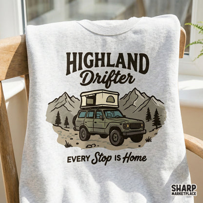 Adventure-themed digital graphic with a mountain camper vehicle and distressed earthy tones, ideal for print-on-demand and DIY projects.