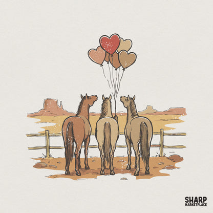 Western Horses With Heart Balloons PNG, Cute Cowboy Decor - 300 DPI