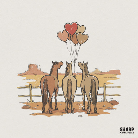 Western Horses With Heart Balloons PNG, Cute Cowboy Decor - 300 DPI