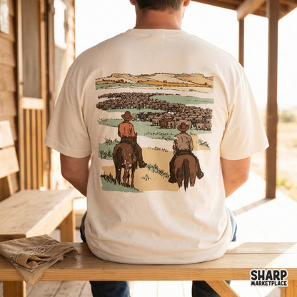 Western ranch scene digital design featuring two riders overlooking a cattle drive, displayed on the back of a cream colored t-shirt.