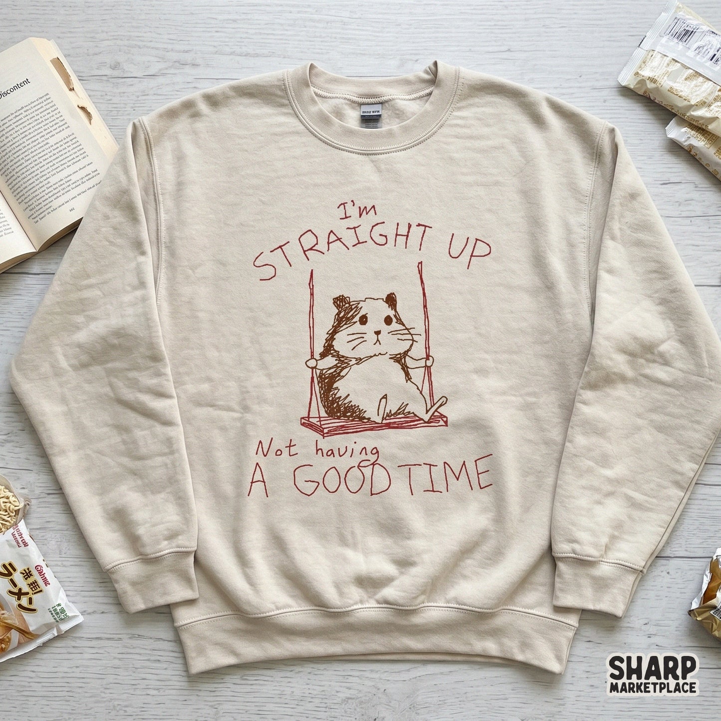 Digital download design featuring a funny hamster meme on a swing, rendered in a sketch style with maroon text for sublimation, stickers, and t-shirt printing.