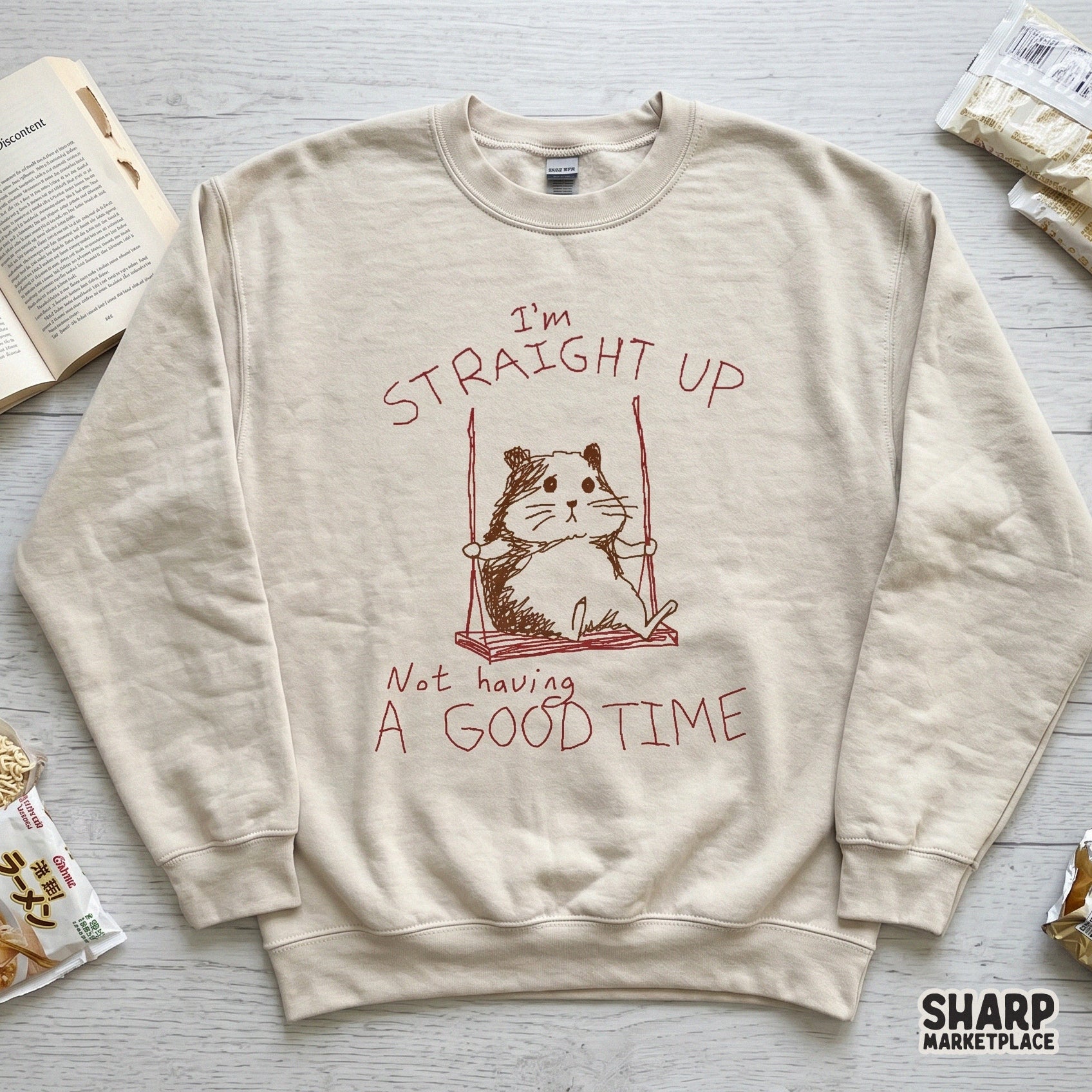 Digital download design featuring a funny hamster meme on a swing, rendered in a sketch style with maroon text for sublimation, stickers, and t-shirt printing.