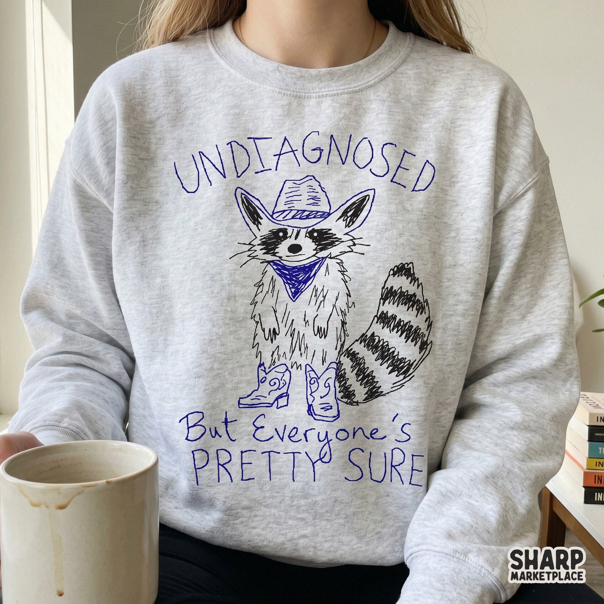 Digital design featuring a whimsical cowboy raccoon illustration with sarcastic handwritten text, perfect for western-themed apparel and stickers.