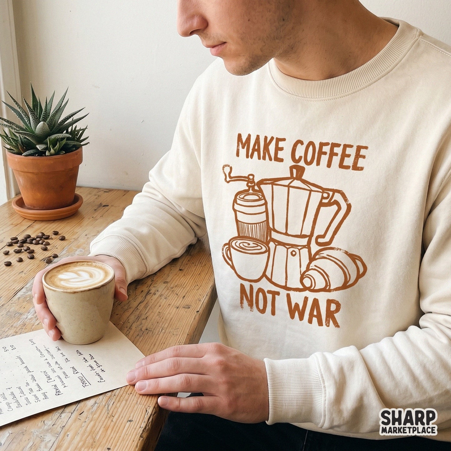 Distressed terracotta brown digital illustration of coffee essentials and a croissant, designed for apparel, sublimation, and kitchen decor.