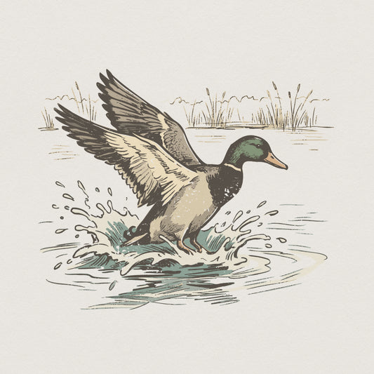 Vintage style mallard duck illustration with outstretched wings landing on water, featuring muted earth tones for nature shirts and rustic wall art.