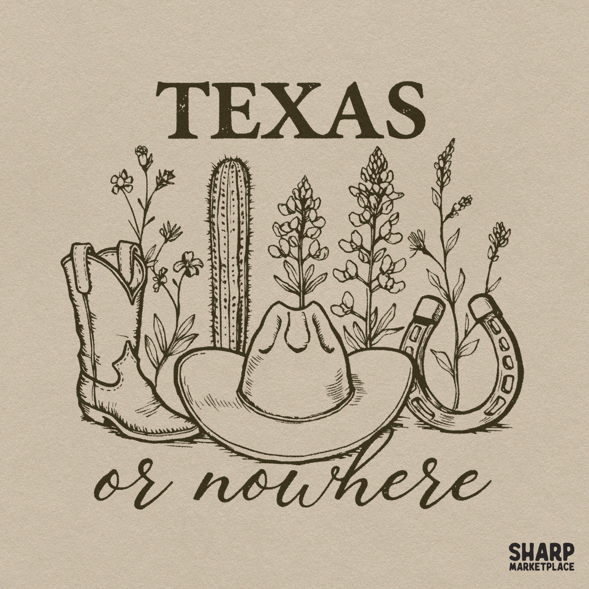 Texas or nowhere vintage western PNG graphic design featuring retro desert art for t-shirts and sublimation