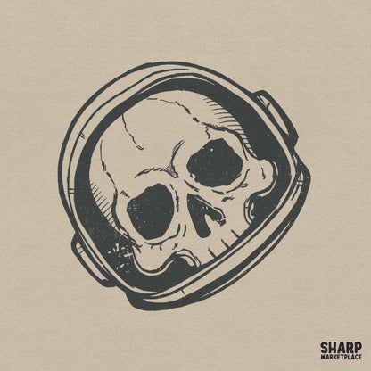 Charcoal black line art of a human skull inside an astronaut helmet with vintage hatching textures, isolated on a neutral background.