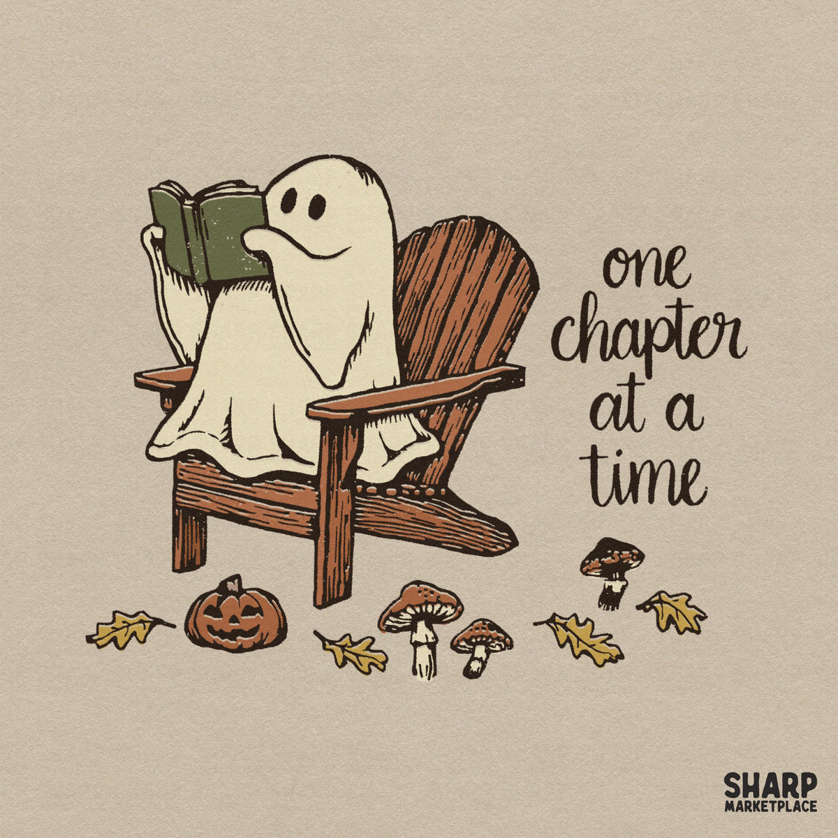 Cute retro ghost reading a book fall graphic PNG for spooky season shirt designs and bookworm gifts
