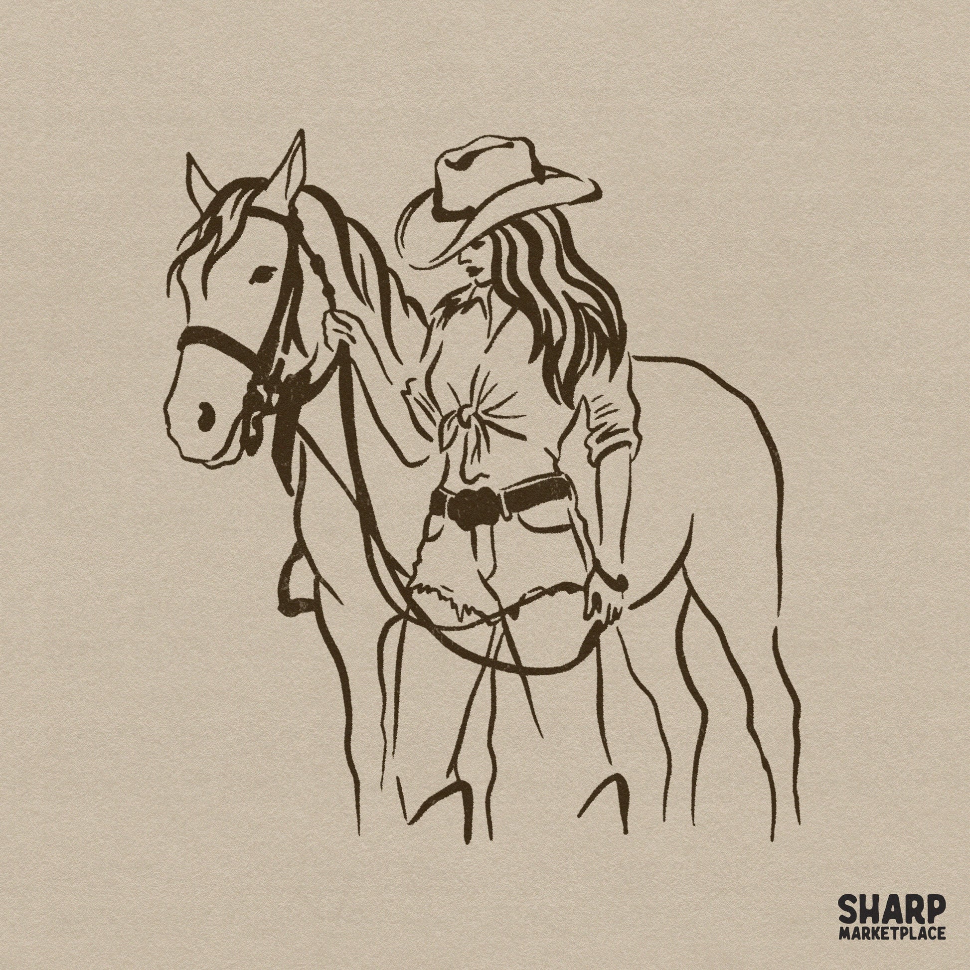 Minimalist brown line art of a cowgirl in a hat and shorts standing beside her horse, perfect for western-themed sublimation and apparel projects.