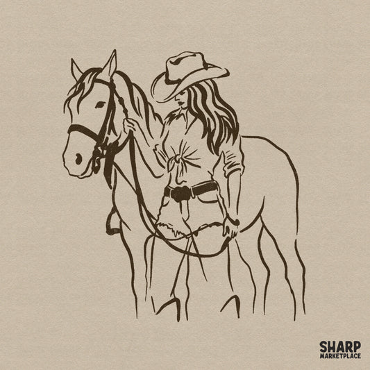 Minimalist brown line art of a cowgirl in a hat and shorts standing beside her horse, perfect for western-themed sublimation and apparel projects.