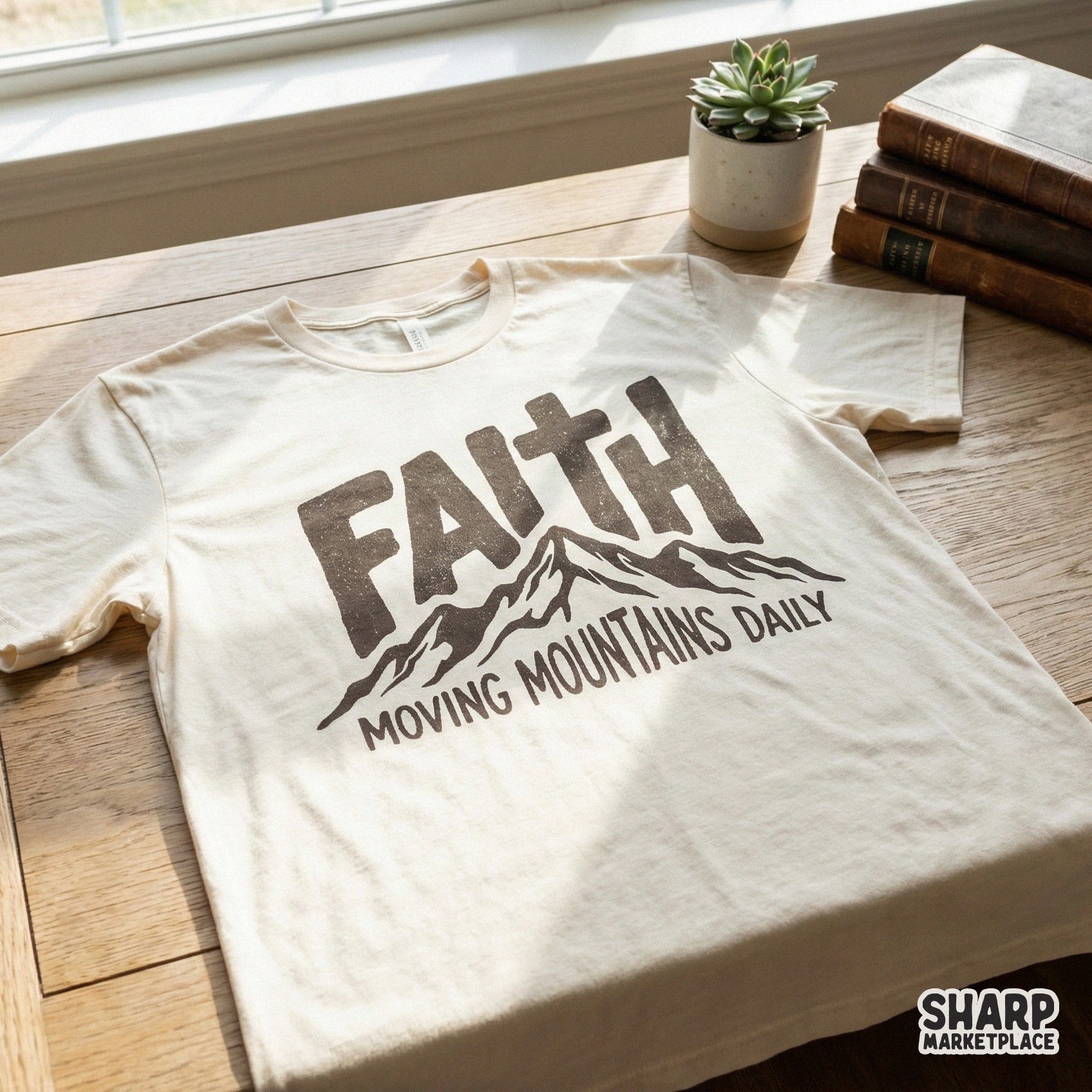Faith Moving Mountains Daily digital design featuring bold distressed text and a hand-drawn mountain landscape for sublimation and t-shirt printing.