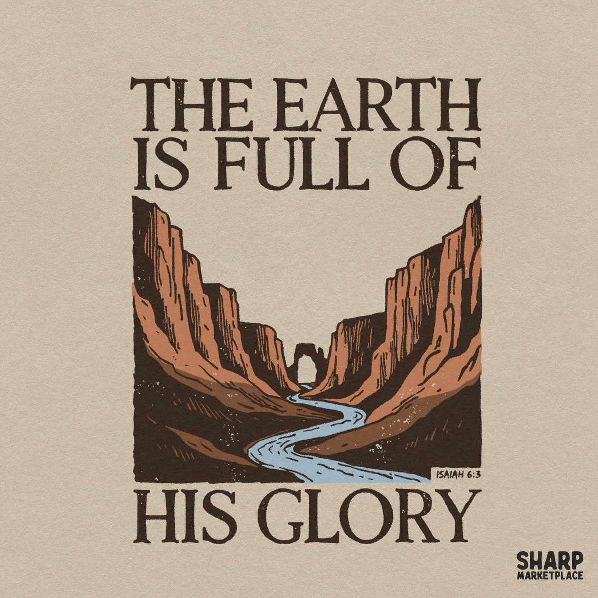 Western retro desert river landscape Christian sublimation PNG design featuring Isaiah 6:3 Bible verse for t-shirts