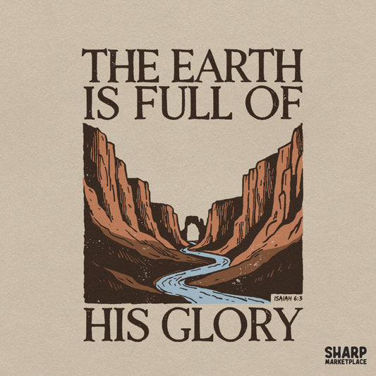 Western retro desert river landscape Christian sublimation PNG design featuring Isaiah 6:3 Bible verse for t-shirts