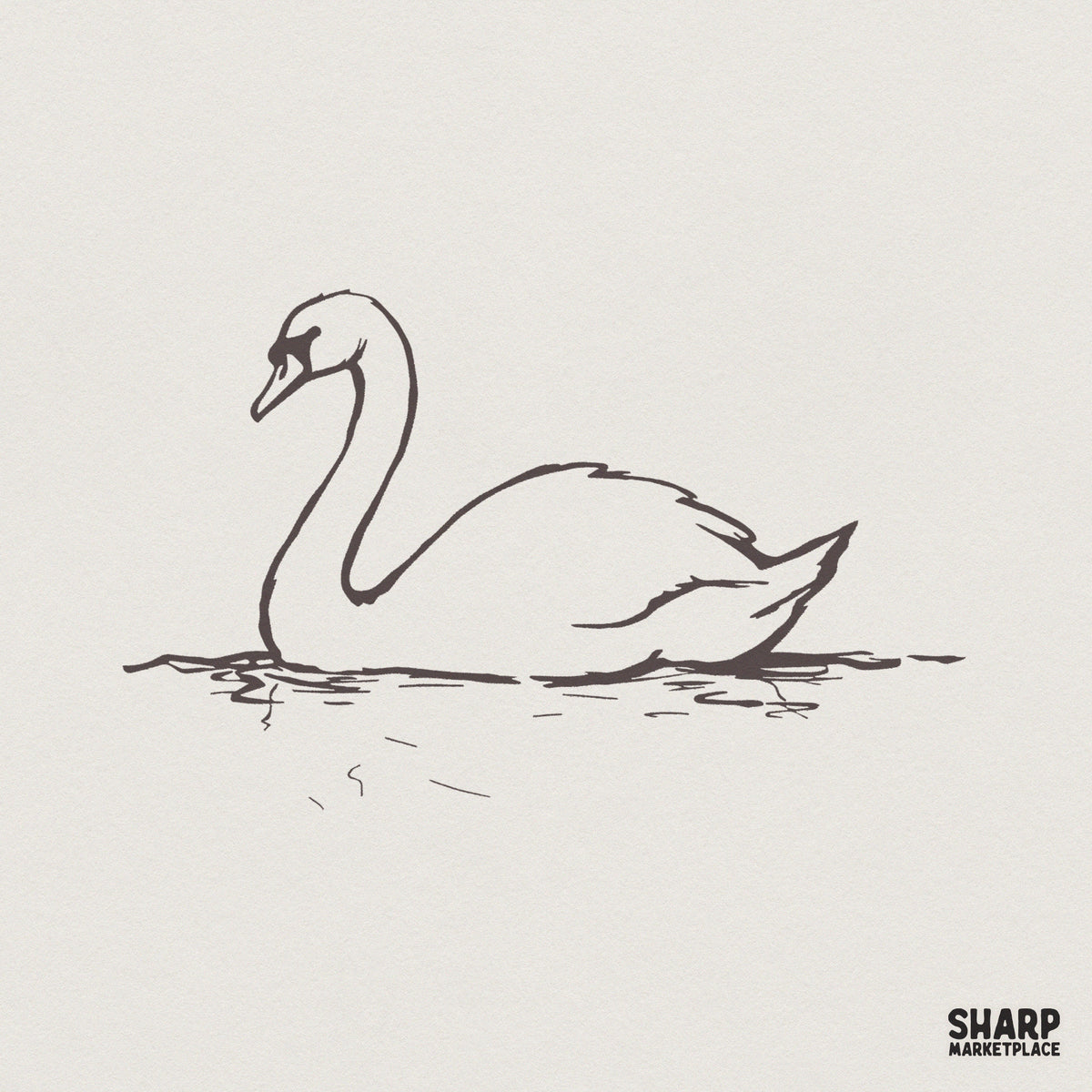Minimalist hand-drawn line art of a graceful swan floating on water, presented as a clean dark grey sketch on a neutral background.