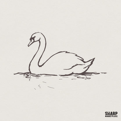 Minimalist hand-drawn line art of a graceful swan floating on water, presented as a clean dark grey sketch on a neutral background.
