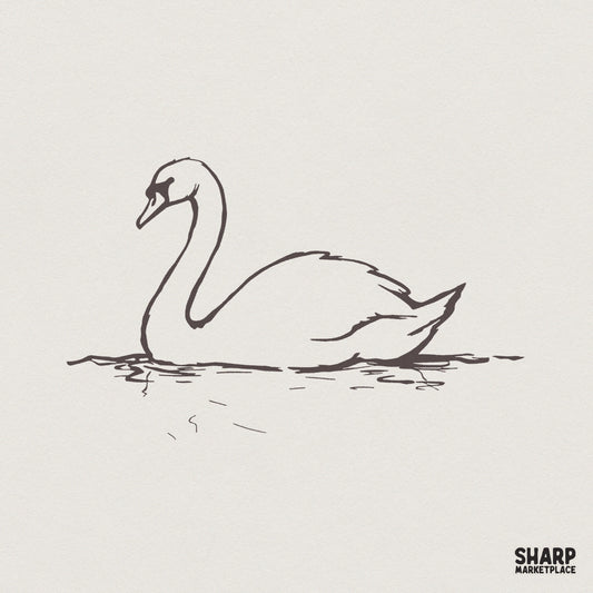 Minimalist hand-drawn line art of a graceful swan floating on water, presented as a clean dark grey sketch on a neutral background.