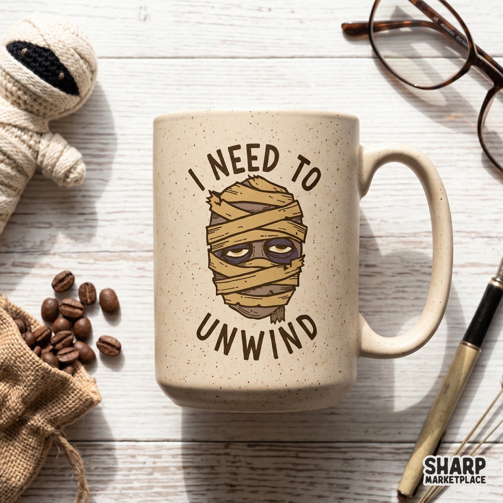 Retro tired mummy design with sarcastic I Need To Unwind text for Halloween sublimation and spooky season shirt designs