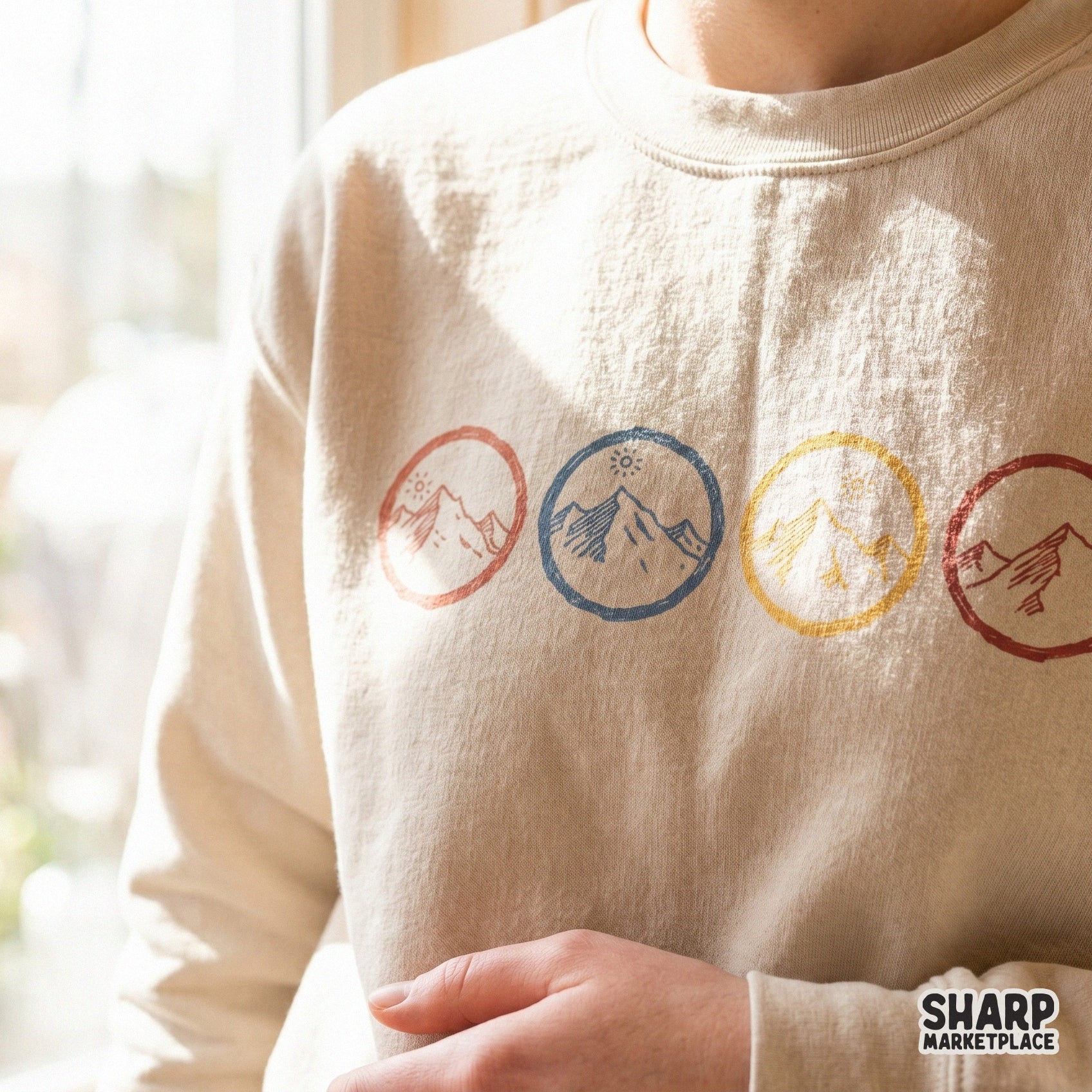 Set of four distressed nature circle stamps with mountain scenes, ideal for creating custom hiking shirts, outdoor stickers, and rustic wall art prints.