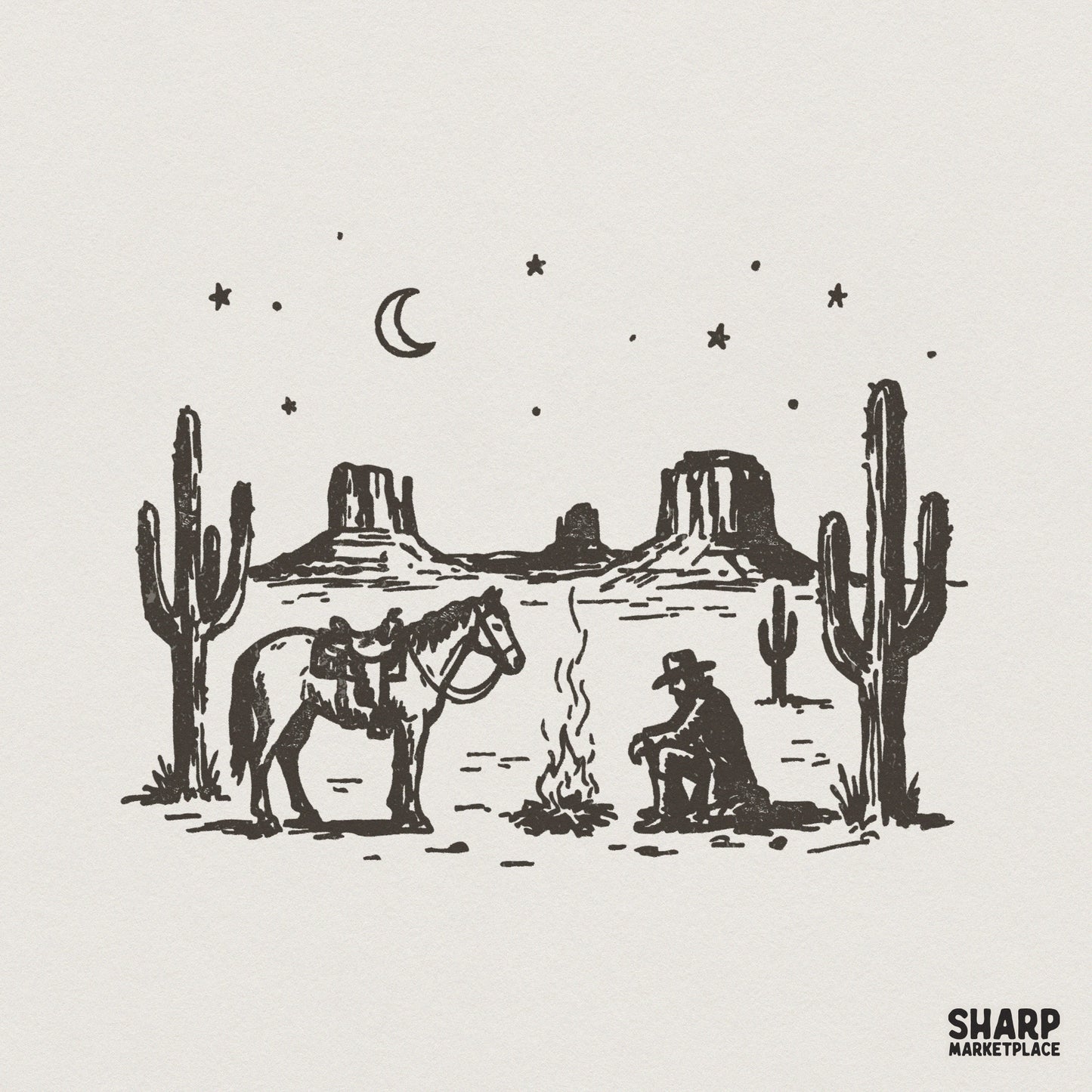 Western Desert Cowboy PNG, Campfire Scene - 300 DPI Design for T-Shirt
