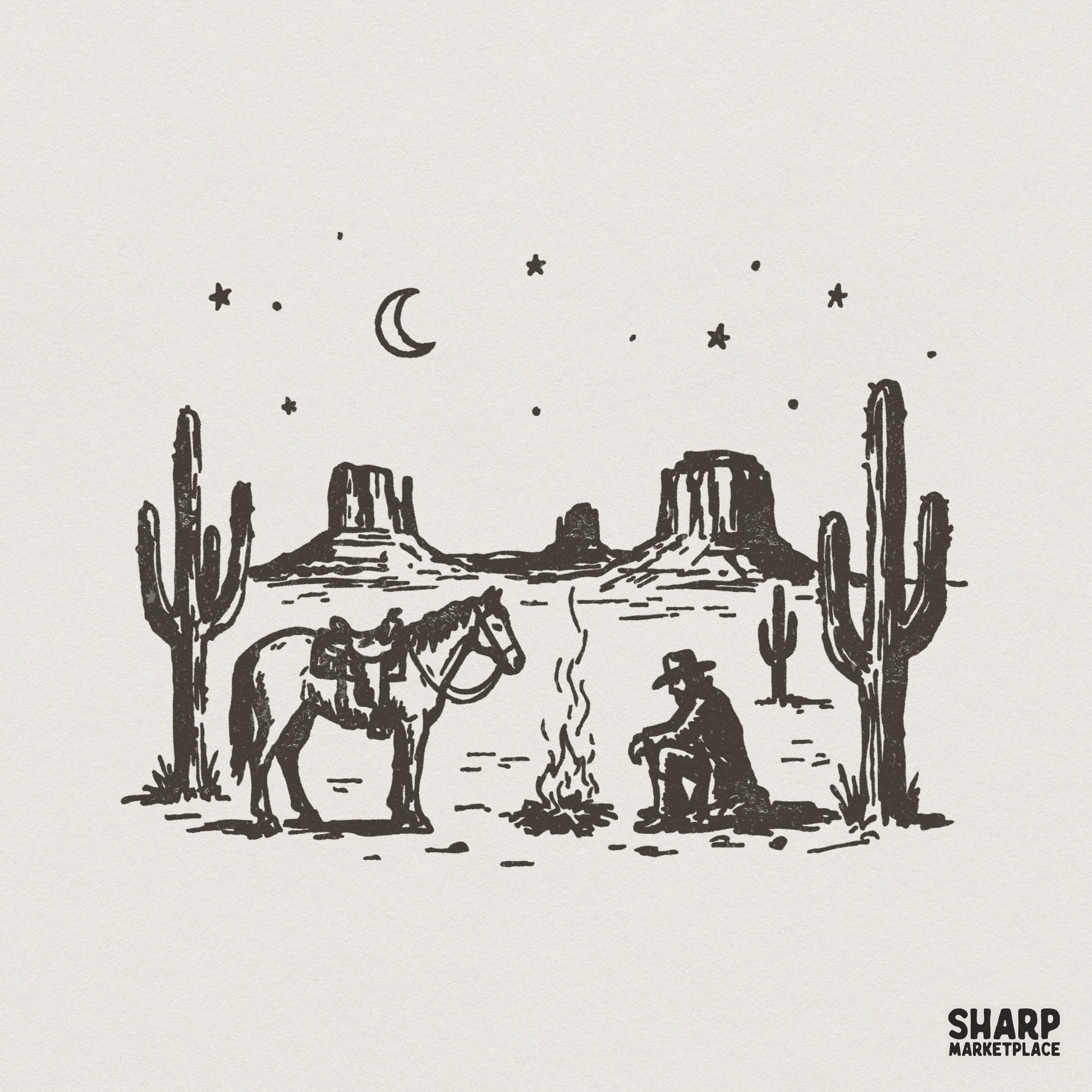 Western Desert Cowboy PNG, Campfire Scene - 300 DPI Design for T-Shirt
